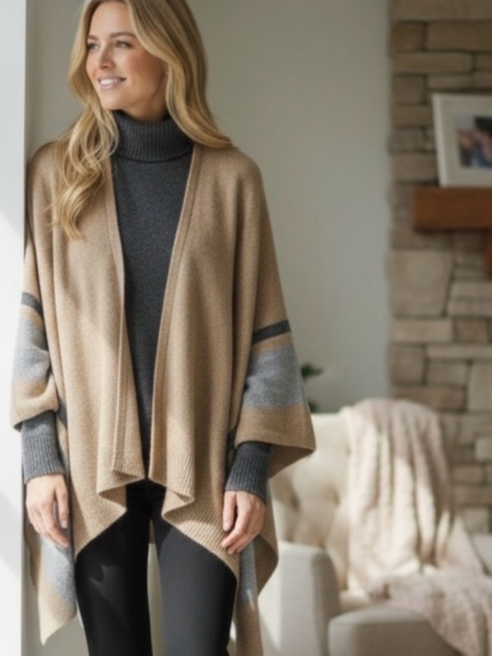 Velvet by Graham Spencer Wool Harper Open Front Poncho Coastal Cardigan Sz M/L